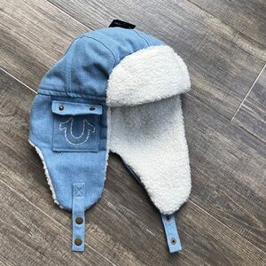 NWT True Religion Trapper Hat Denim Sherpa Horseshoe Pocket -fits Small/Medium